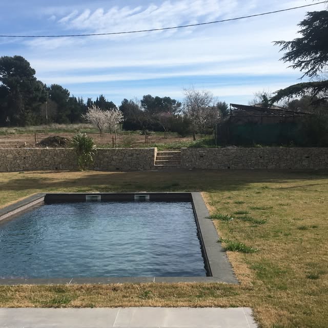 Piscine mise en valeur par un mur en pierre et un jardin paysager.